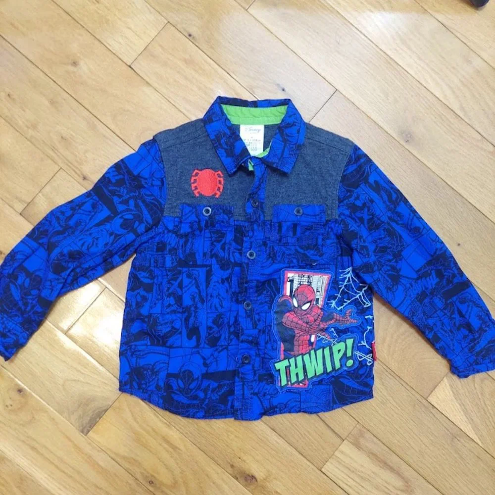 DISNEY STORE MARVEL Boys 4 LONG SLEEVED SHIRT SPIDERMAN Embroidered‎ BLUE Button
